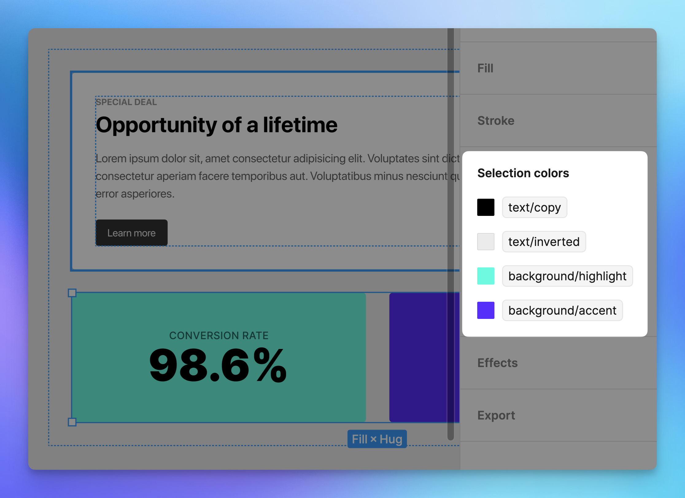 screenshot of Figma's side panel, showing the use of semantic color tokens