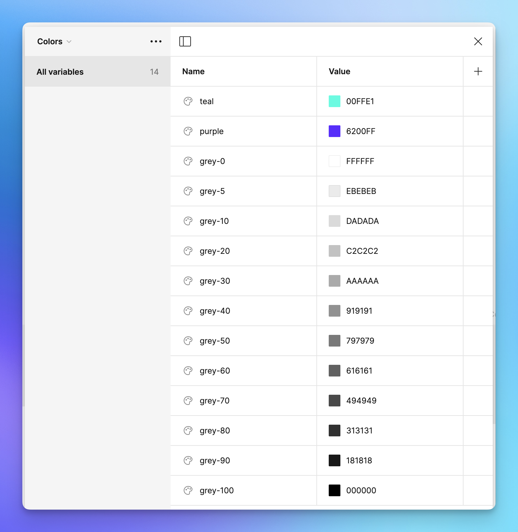 screenshot of Figma's variables panel, showing the raw color tokens