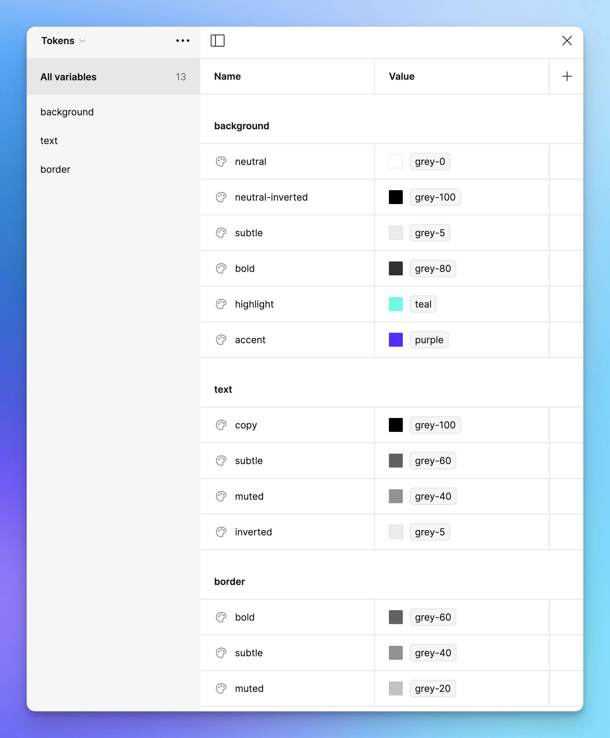 screenshot of Figma's variables panel, showing the semantic color tokens